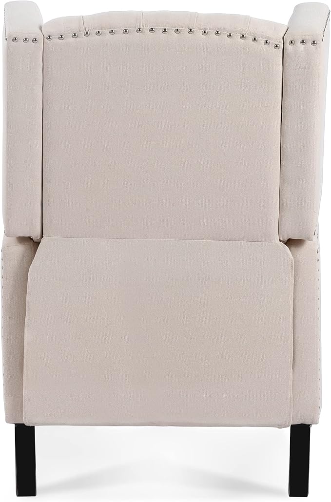 Pushback ReclinerComfortable Wingback Recliner Sofa Chair with Adjustable Backrest Tufted Fabric Upholstered Armchair Retro Rivets Decorated for Living Room Bedroom Office Home Theater (White)