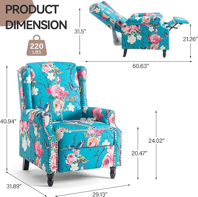 Pushback Recliner Chairs Set of 2 Floral Fabric Wingback Recliner Chair Upholstered Rivet Trim Armchair Push Back Recliner Accent Chair for Small Spaces Living Room Peacock Blue