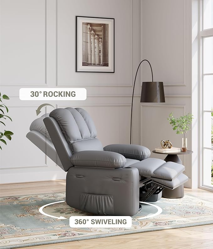 Oversized Recliner Extra Wide 27 Leather Recliner Chair Manual Recliner Chair for Living Room Large Rocking Recliner with Cup Holders and Padded Arms Gray