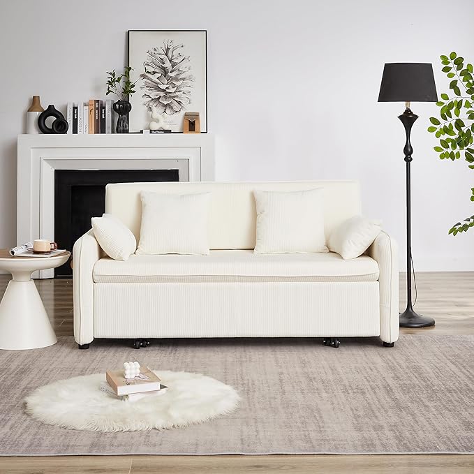 Ball &amp Cast 66 Convertible Sofa Bed3-in-1 Corduroy Loveseat Sleeper Pull Out Couch Bed with Pillows and Side Pockets Deep Seat Comfy Sofa Couches for Living RoomApartmentBeige