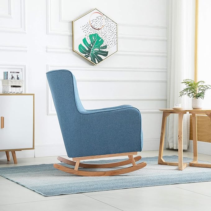 HOMCOM Modern Rocking Chair Sofa Armchair Modern Accent Chair with Thick Padding Winged Back for Living Room or Bedroom Blue