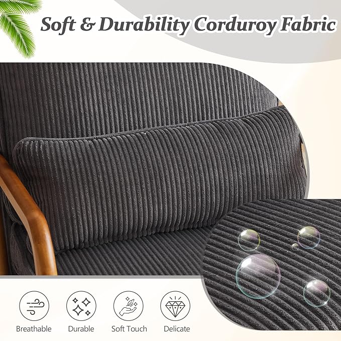 VINGLI Upgraded Premium Corduroy Accent ChairUpholstered Arm ChairSolid Wood Comfy Reading Chair with Lumbar Pillow Mid Century Modern Chairs for Living RoomBedroomDark Grey