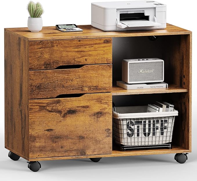 File Cabinet with 3 Drawers Mobile Lateral Filing Cabinet with Open Storage Shelves for Home Office Under Desk Storage Brown