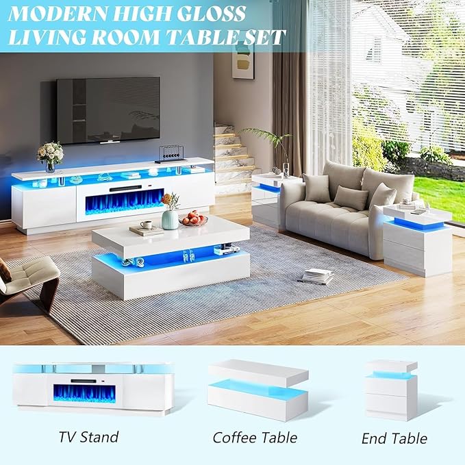 AMERLIFE Fireplace TV Stand with 40 Fireplace 80 Modern Fireplace Entertainment Center LED Lights 2 Tier TV Console Cabinet for TVs Up to 90 White &amp White