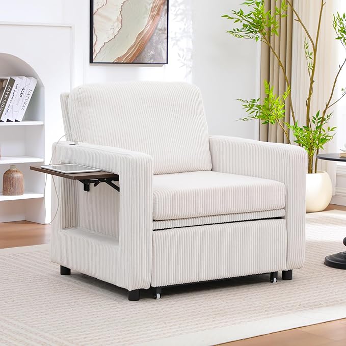 3 in 1 Folding Convertible Sleeper Sofa Bed Pull Out Couch with Side Pockets USB Port Side Table Single Sofa Bed with Adjustable Backrest for Living Room Bedroom 66 Beige 1 SEAT
