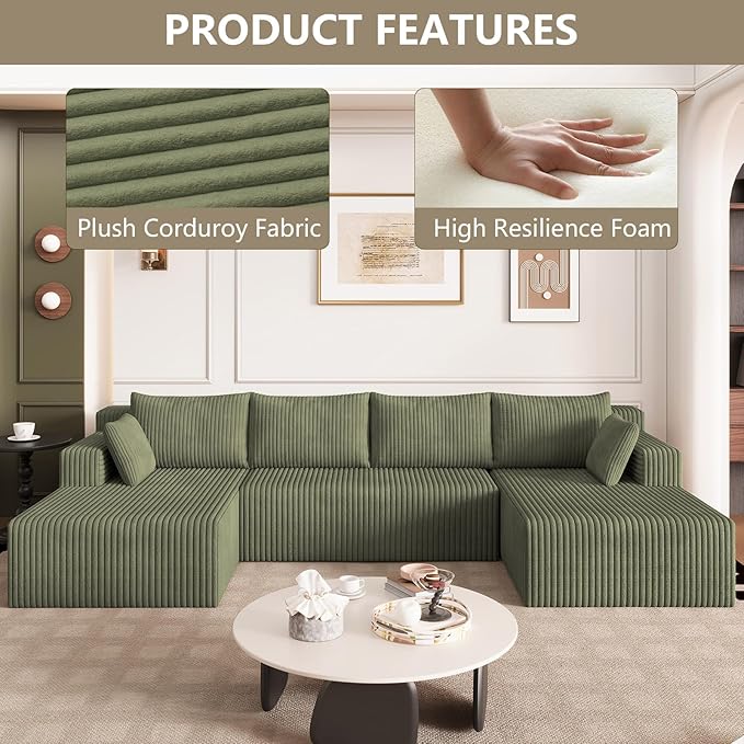 124 U Shaped Cloud Couch Sectional Corduroy Upholstered 4-Seater Cloud Couches for Living Room Deep Seat Modular Boneless Sofa with Lounge Chaise No Assembly Required Green