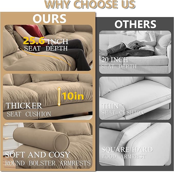 Loveseat Sofa 93.7 Modular Sectional Sofa 2 Seater Modern Cloud Couch with Ottoman Oversized Sectional Couches for Living Room Comfy Velvet Sofas Deep Seat Couch with 4 Pillows Camel