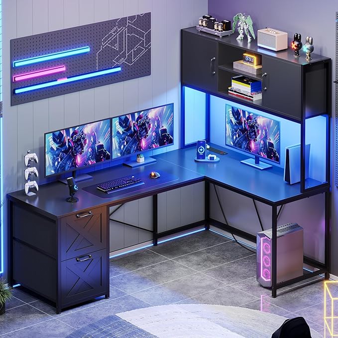 SEDETA Corner Computer Desk Reversible L Shaped Computer Desk with Fabric Drawers and Power Outlet Gaming Desk with Led Lights Hutch and Storage Shelf for Home Office Black