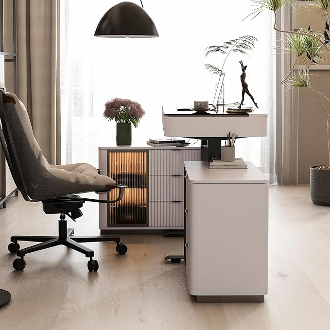 Lartis Office Desk Electric Standing Desk with Built-in Outlets Tempered Glass Top Modern Office Computer Desk with 2 Side cabinets (Ivory White 50)
