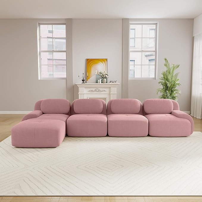 Boneless Sectional Couch No Assembly Required 152.7” L Shaped Modular Cloud Sofa with Pillow and Ottoman Deep Seat Corduroy Couch for Living Room Bedroom Office Apartment