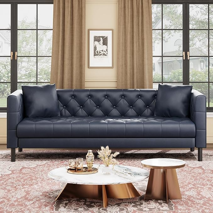 GarveeHome 81 in Leather Couch for Living Room Modern Sofa Couch with Deep Seat and 2 Pillows Handmade Button Tufted 3 Seater Sofa Leather Sofa for Apartment Office Blue