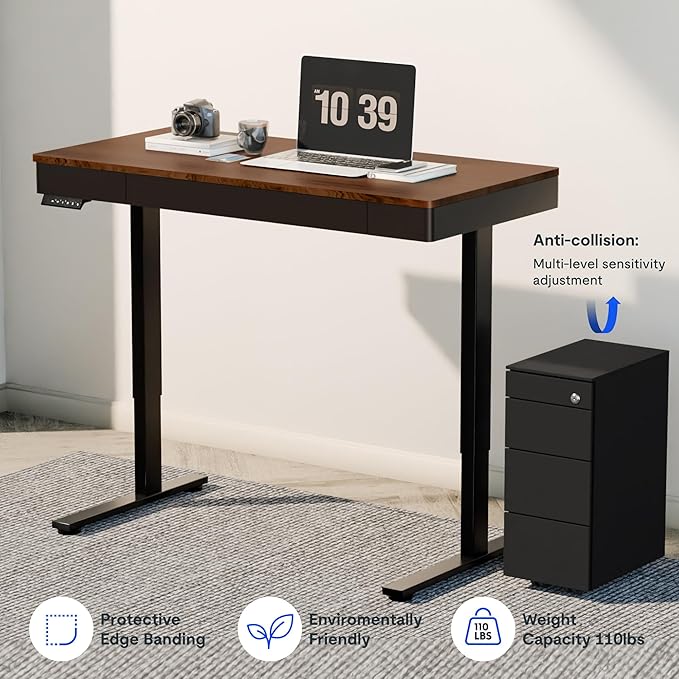 FLEXISPOT Q5 Standing Desk with Drawer 48 x 24 Inch Electric Adjustable Height Stand Up Desk with Storage Organizer Whole Piece Wooden Desktop for Home Office Computer Workstation Dark Walnut