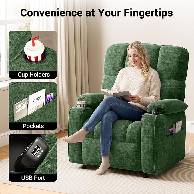 Amada Power Recliner Chair for Adults Infinite Adjustable Chenille Electric Recliner with Cup Holder Remote USB Port &amp Side Pockets Thick Seat Cushion Reclining Chair for Living Room &amp Be