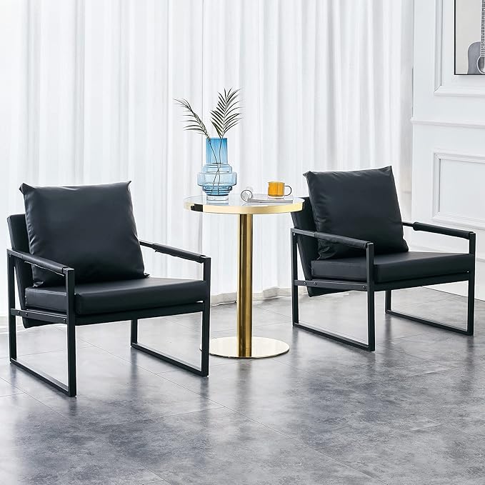 PU Leather Accent Arm Chair Mid Century Modern Upholstered Armchair with Metal Frame Extra Thick Padded Backrest and Seat Cushion Sofa Chairs for Living Room (Black PU Leather Metal Frame Foam)