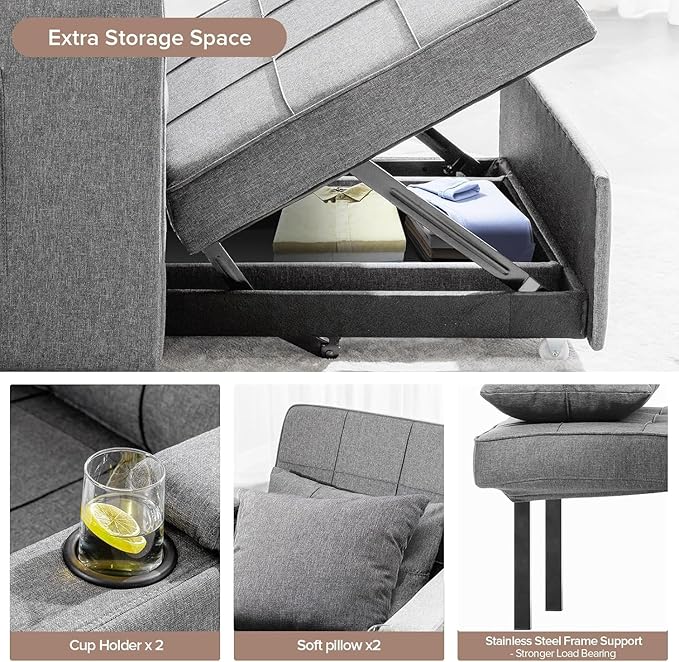 COMHOMA Sleeper Chair BedConvertible Sofa Bed Armchair with Cup Holders3-in-1 Futon Bed Chair with Side Pocket Pull Out Sofa Bed Couch for Living RoomBedroom (Grey)