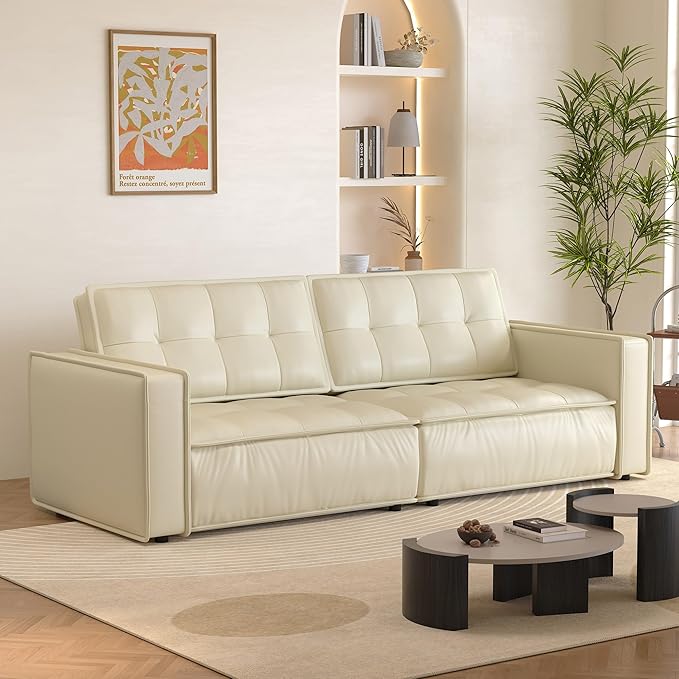 Beige Leather Sofa Couch 95 Modern 3-Seater Living Room Furniture with Easy-to-Clean Upholstery High Resilience Cushions Solid Wood Frame Comfortable Couch for Apartment &amp Home