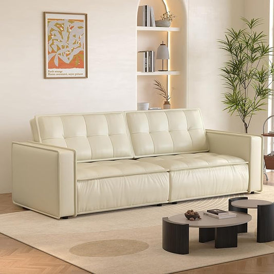 Beige Leather Sofa Couch 95 Modern 3-Seater Living Room Furniture with Easy-to-Clean Upholstery High Resilience Cushions Solid Wood Frame Comfortable Couch for Apartment &amp Home