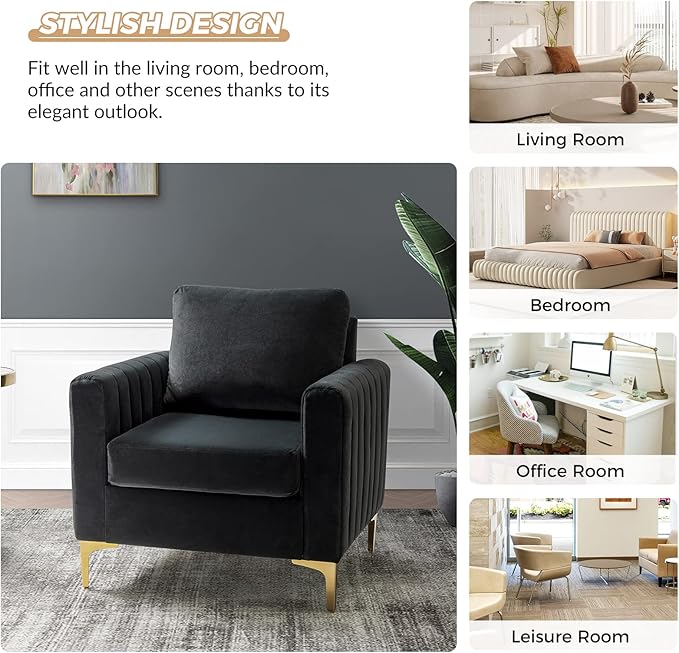 HULALA HOME Velvet Accent Club Chairs Set of 2 Modern Velvet Armchair Upholstered Accent Club Chairs Sofa Chairs with Gold Metal Legs Mid-Century Barrel Leisure Comfy Reading Armchair Black