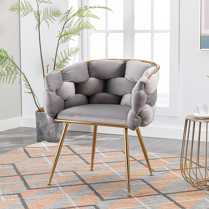 HomVent Makeup Desk Chair Vanity ChairLuxury Knitting Home Office Chair with Arms and Golden Metal Leg for Bedroom Living Room Vanity Dining Room Gray-4