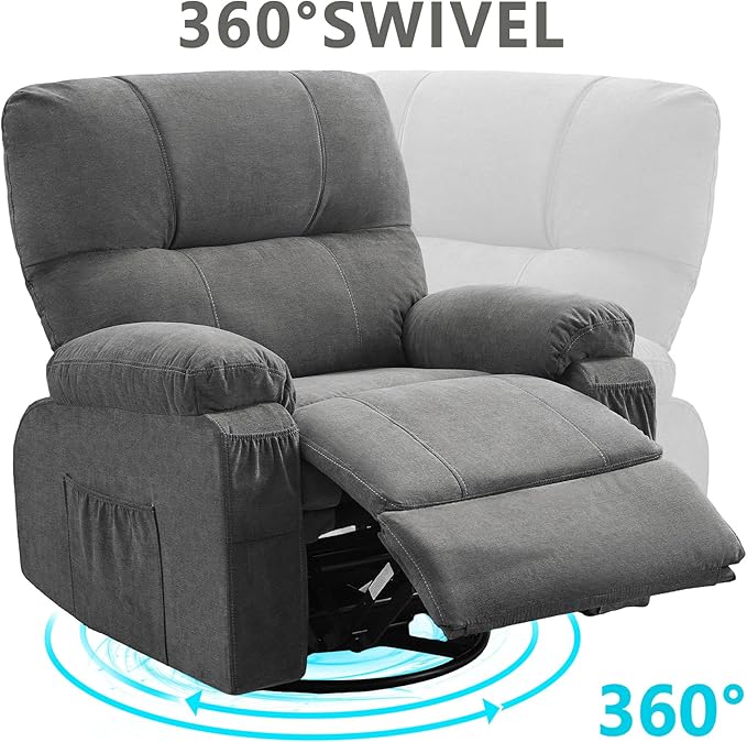 Oversized Recliner Chairs for AdultsSwivel Rocking Chair Recliner with Wide Arms&amp Backrest Fabric Reclining Chair with Pockets Lazy Boy Recliners for Living Room Bedroom (Grey)