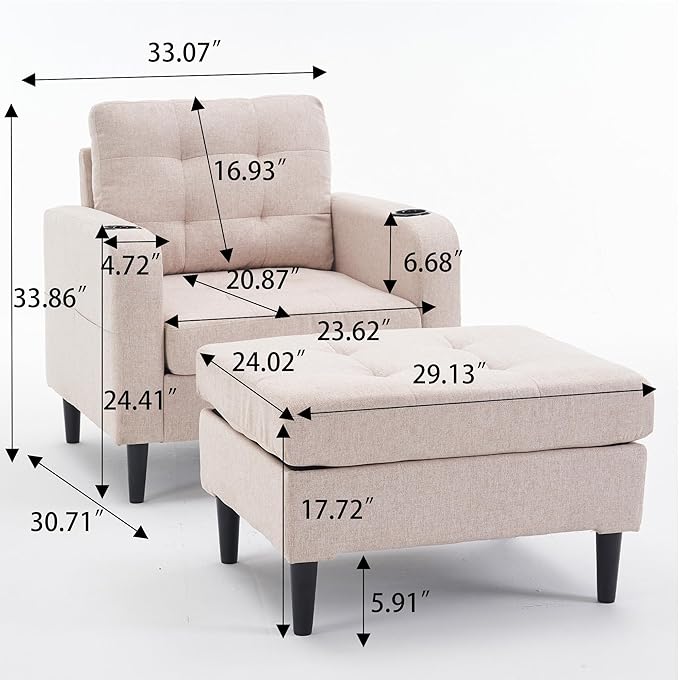 Accent Chair with Ottoman Set Upholstered Armchair with Storage Ottoman Cup Holders &amp Side Pocket Single Sofa Chair with Tufted Detailing for Living Room or Bedroom (Beige)