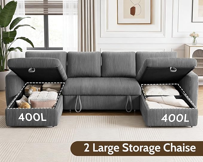 WEUP 106 U Shaped Sectional Sleeper Sofa Bed with Pull Out Bed Sectional Sleeper Couch Pull Out Couch with Reclining Backrest/Reversible Storage Chaise/USB Ports/Tool-Free Assembly Corduroy Grey