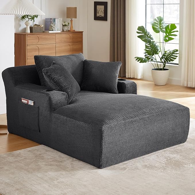 49.2Oversized Chaise Lounge Chair IndoorFaux Fur Boneless Reading Chair with Cup Holder&ampSide PocketsCloud Sofa BedComfy Modern Sleeper Chairs in Box for Living RoomNo Assembly(Dark Grey)
