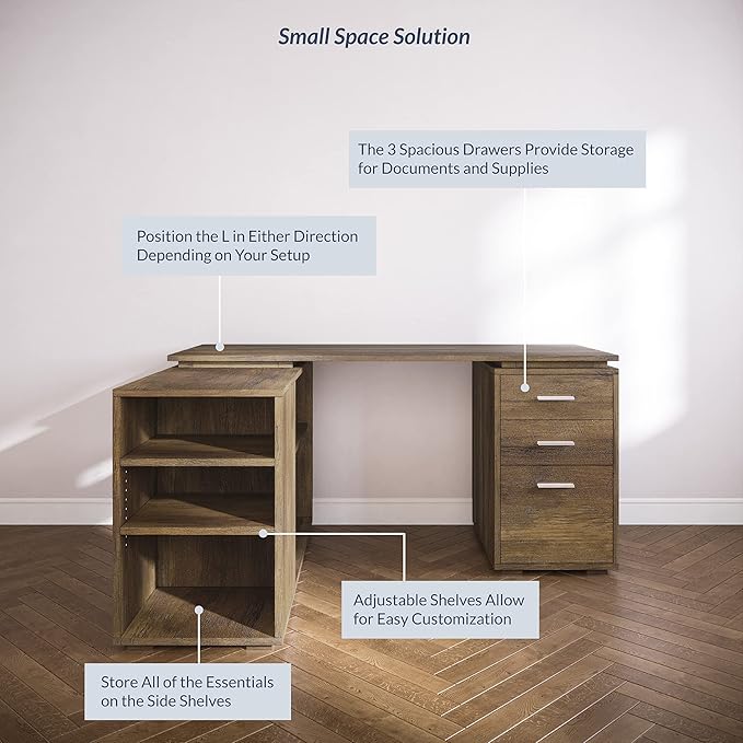 BELLEZE L Shaped Computer Desk 60” Study Writing Table Home Office Desk Morden Corner Workstation Setup with Adjustable Storage Shelves and 3 Drawers Rustic Oak