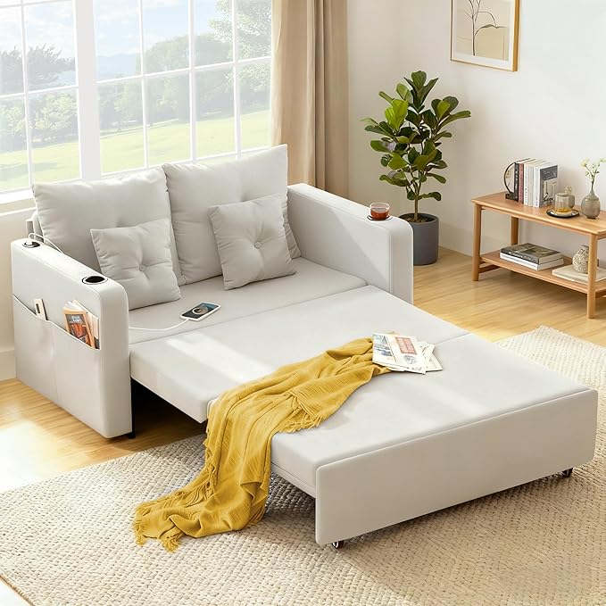 Convertible Sleeper Sofa Bed 56 Loveseat Sleeper Sofa with Pull Out Couch Bed Full Size Storage Pocket USB Port Comfy Small Couches for Living Room Bedroom Apartment Beige