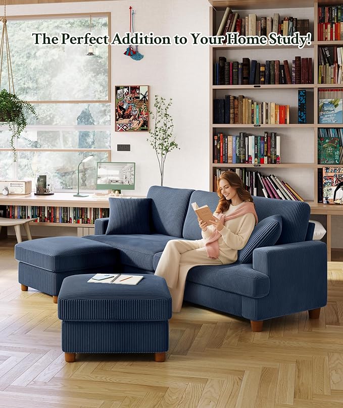 25.2 Couches for Living Room Comfy Blue Ottoman with Storage Foot Rest Tool-Free Setup Small Ottoman Foot Rest for Couch Corduroy Couch for Bedroom Apartment Office
