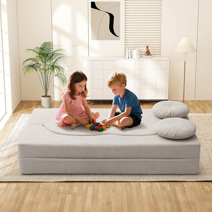 Folding Futon Sofa Bed Modern Convertible Fold Out Chenille Cloud Memory Foam Boneless Floor Lounge Loveseat Sleeper Mattress Sofa Couch with 2 Pillows for Guest Room Living Room Office Beige