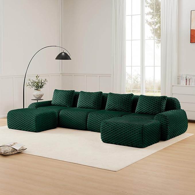 146 Boneless Couches for Living Room Oversized U-Shaped Couch with Buckle Connection Anti-Slip Design Flannelette Fabric Modular Sectional Sofa with Deep Seat (Green 4 Seat + 2 Ottoman)