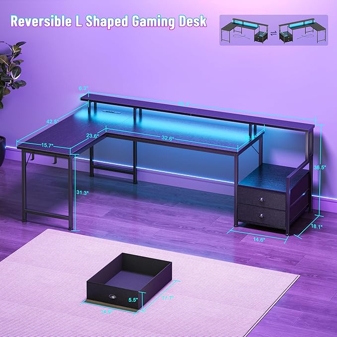 66'' L Shaped Gaming Desk with Drawers and Storage Shelves Reversible Corner Desk with Power Outlets and Host Stand Large Computer Desk with Led Lights for Gaming Work Home Office Black