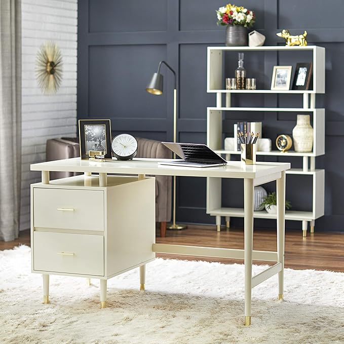 Margo 50 Wide Mid-Century Modern Wood Desk with Drawers Stylish Elevated Top Design Solid Pine Wood Tapered Legs Computer Desk for Home Office &amp Study Antique White