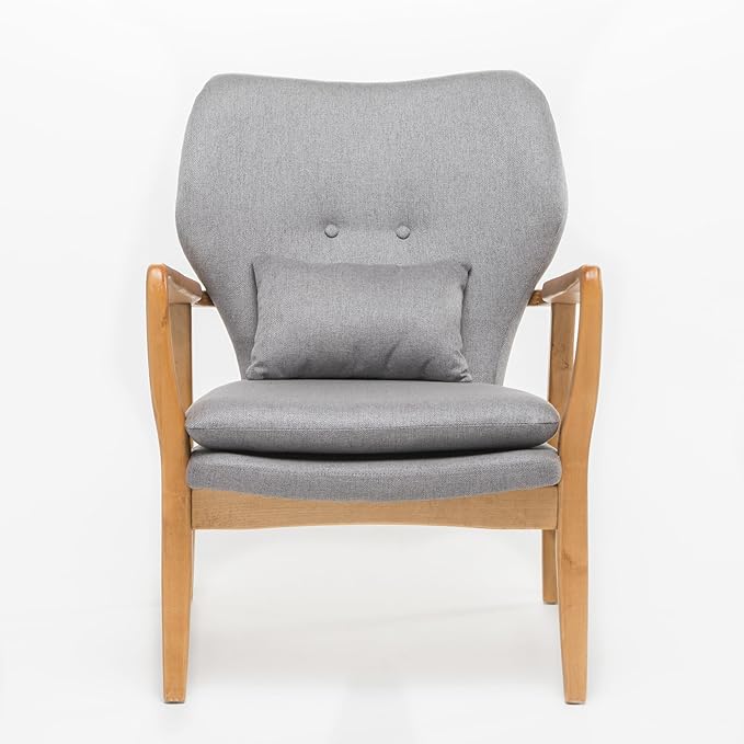 Mid-Century Accent Chairs Modern Upholstered Living Room Chair Cozy Armchair Button Tufted Back and Wood Legs for Bedroom/Office/Cafe/Living Room (Grey)