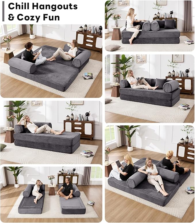 Tbfit 79'' Folding Boneless Couch Oversized Corduroy Convertible Sofa Bed Futon Mattress Sleeper Sofa Comfy Foldable Upholstered Floor Couches for Living Room Gray