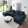 KEIKI 130 U-Shaped 6 seat Sofa with Storage Console Cup Holders Upholstered Sectional Sofa Button Tufted Cloud Cushion Couch for Home Office Apartment Blue