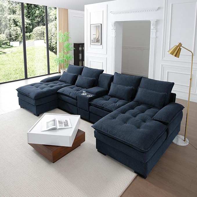 KEIKI 130 U-Shaped 6 seat Sofa with Storage Console Cup Holders Upholstered Sectional Sofa Button Tufted Cloud Cushion Couch for Home Office Apartment Blue