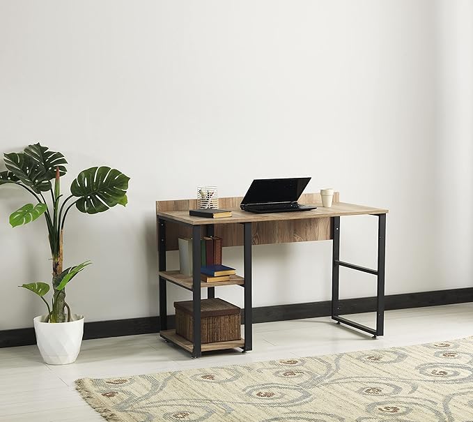 Rasse Black Metal Frame Wooden Top Computer Desk Desk for Home Office Oak - 2 Shelves Writing 58