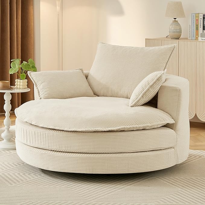360° Swivel Sofa Chair Accent Barrel Chair 57.5 Swivel Round Chair with Dual-Layer Cushion Design and 3 Removable Pillows for Living Room Bedroom Office and Hotel (Beige)