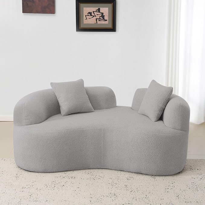 KEIKI 66.93 Cloud Sofa Curved Loveseat Sofa Teddy Velvet Compression Couch for Living Room Guest Bedroom No Assembly Required Gray