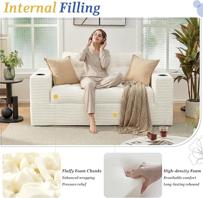 HOMREST 61 Bean Bag Chair for AdultsUpholstered Floor Sofa with Cup HolderLoveseat Boneless Couch for Small SpacesSofa in A Box Large Bean Bag Couch for Bedroom Living Room Beige