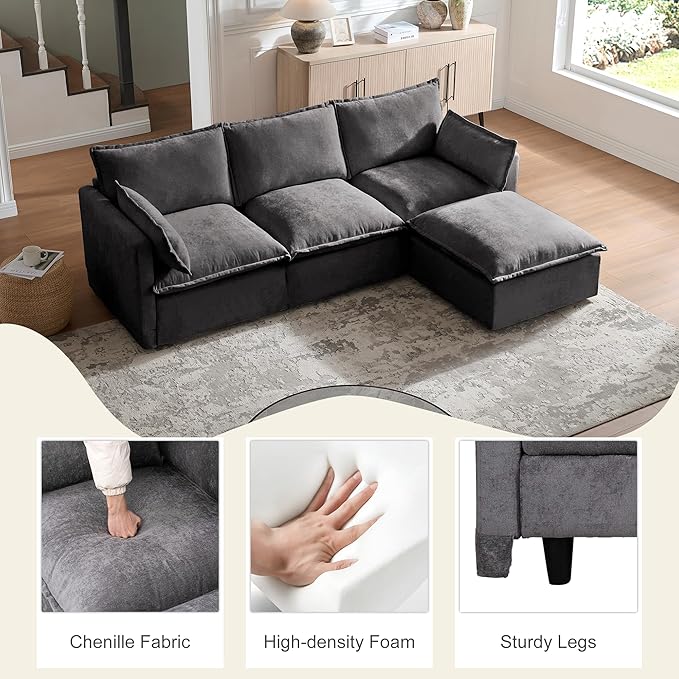 93 Inch L-Shaped Couch Sofa with Ottoman Modular Sectional Sofa with 4 Seats and Pillows for Living Room Modern Minimalist Chenille Fabric Large Comfy Cloud Furniture DIY Combintion (Gray-93inch)
