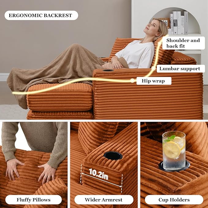 HANXIN 62 Chaise Lounge Chair Indoor Oversized Corduroy Boneless Convertible Chaise Lounge Couch Sleeper Chair with Ottoman Deep Seat Reading Chair No Assembly Required (Orange)