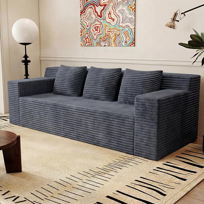 71 Corduroy Living Room Sofa 3 Setaser Deep Seat Couch with 3 Lumbar Pillows Comfy Boneless Sofa Modern Compressed Couch for Bedroom Office Apartment No Assembly Flat Armrests (Dark Grey)