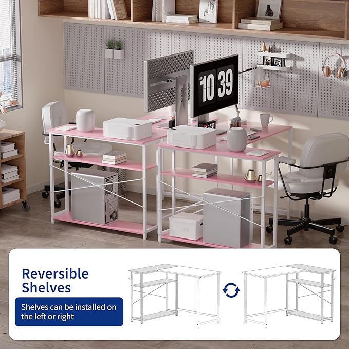 Pamray 43 Inch L Shaped Computer Desk with Reversible Side Storage Shelves Small Corner Desk for Small Space Home OfficeWriting Study Table PC Desk for BedroomPink with White Leg