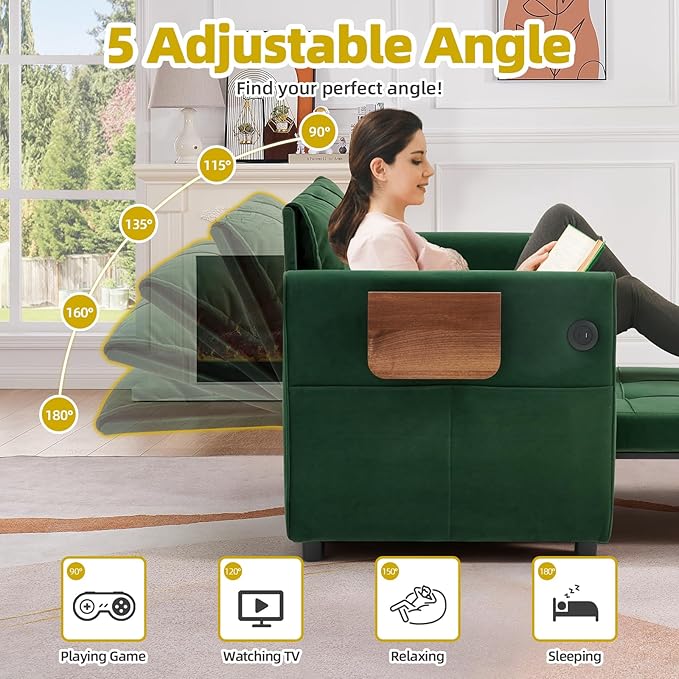 Convertible Sleeper Chair 4 in 1 Pull Out Chair Bed for Adults with Wing Table USB Charging &amp Bottom Storage Space-Saving 90 Single Sofa Bed Chairs for Living Room Dark Gray
