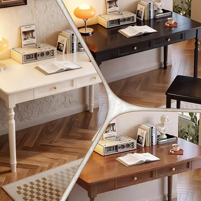 Solid Wood French Country DeskWriting Desk with Storage DrawersFarmhouse Computer Table Makeup Table Modern Simple Stylefor Home Office Living Room Study Workspace Bedroom (White 47.2IN)