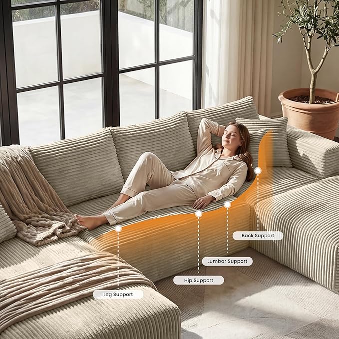 Belhome 135 Oversized Modular Sectional Sofa U-Shaped Cloud Couch with 59 Deep Seat Corduroy Boneless Couch with Convertible Chaise High-Resilience Foam Compression Sofa Camel 3 Packages