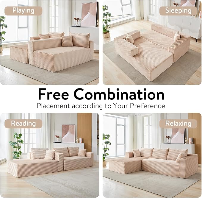 110 Modular Sectional Sofa Cloud Sectional Couch with L-Shape Chaise Modern Modular Couches with Deep Seat Corduroy Sponge Compressed Sofa for Living Room No Assembly Required (Beige)